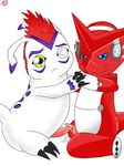  anthro blush claws clothing cum cum_on_penis digimon dragon feral frottage fur gomamon headphones male male/male mammal markings mohawk one_eye_closed penis scalie seal sex shoutmon tapering_penis white_fur セル 