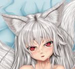  animal_ears blush bukkake cum facial fangs fox_ears fox_tail long_hair looking_at_viewer lying multiple_tails nude on_back open_mouth original red_eyes silver_hair solo tail tenyoshi_(briansept) very_long_hair 