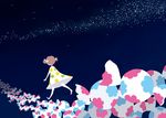  bow brown_hair candy commentary_request dress food from_behind hair_bow night no_lineart no_shoes nona_drops original path road solo space star_(sky) surreal twintails walking white_bow wrapped_candy 
