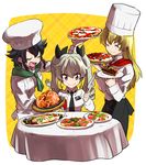 ^_^ anchovy anzio_school_uniform ascot black_hair blonde_hair brown_eyes cake carpaccio chef chef_hat closed_eyes commentary drill_hair food fork girls_und_panzer green_hair hat holding_pizza knife long_hair multiple_girls oono_imo pepperoni_(girls_und_panzer) pizza school_uniform short_hair smile toque_blanche twin_drills twintails 