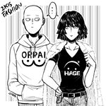  1boy 1girl 2015 bald bangs belt casual closed_mouth clothes_writing fubuki_(one-punch_man) fur_coat greyscale hand_on_hip hands_in_pocket hood hood_down hoodie jacket_on_shoulders kuroha_ai looking_at_another looking_to_the_side monochrome one-punch_man oppai_hoodie pants romaji saitama_(one-punch_man) shared_speech_bubble shirt short_hair signature sketch speech_bubble spoken_ellipsis t-shirt translated upper_body 