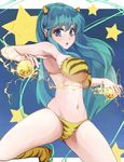  animal_print aqua_hair armpits bikini blue_eyes boots breasts commentary_request crossover electricity eyeshadow horns large_breasts long_hair looking_at_viewer lum makeup midriff navel oni open_mouth orb poini_(king-scarlet-dead) pointy_ears puzzle_&amp;_dragons solo star swimsuit tiger_print urusei_yatsura very_long_hair 