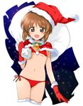  bag bell bell_collar bikini blush boots brown_eyes brown_hair capelet carrying carrying_over_shoulder christmas collar cowboy_shot girls_und_panzer gloves hat kinu_(le) looking_at_viewer nishizumi_miho open_mouth oversized_object red_bikini santa_hat short_hair side-tie_bikini smile solo swimsuit thigh_boots thighhighs 