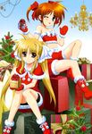  absurdres bike_shorts blue_eyes boots brown_hair christmas fate_testarossa highres legs long_hair lyrical_nanoha mahou_shoujo_lyrical_nanoha mahou_shoujo_lyrical_nanoha_a's mittens multiple_girls non-web_source nyantype official_art one_eye_closed red_eyes red_footwear santa_boots santa_costume takamachi_nanoha twintails very_long_hair 