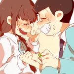  1girl bad_id bad_pixiv_id brown_hair closed_eyes clover commentary couple crying four-leaf_clover good_end grin happy_tears hetero jewelry juushimatsu's_girlfriend long_hair lya_(16335575) matsuno_juushimatsu osomatsu-kun osomatsu-san proposal ring short_hair smile tears 