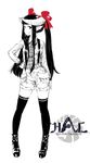  animal_ears argyle argyle_neckwear full_body hand_on_hip high_heels highres horn_ribbon horned_girl_(jaco) horns jaco long_hair monochrome necktie original ribbon shoes shorts sidelocks smile solo spot_color standing suspenders thighhighs tie_clip twintails very_long_hair white_background 