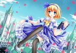  alice_margatroid alice_margatroid_(pc-98) ascot black_legwear blonde_hair blue_eyes blue_hairband blush book bow flying frills grimoire hairband highres holding holding_book mary_janes mechrailgun open_mouth petals ribbon shoes thighhighs touhou touhou_(pc-98) wrist_cuffs 
