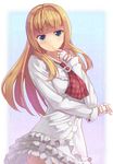  blonde_hair blue_eyes blush dress finger_to_mouth fingerless_gloves frilled_dress frills gloves highres hime_cut lili_(tekken) long_hair motokonut solo tekken white_dress white_gloves 