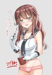  bangs blue_eyes blush breasts brown_hair commentary_request cup gloves hige_shinshi kantai_collection large_breasts long_hair messy_hair midriff mug necktie noshiro_(kantai_collection) open_mouth panties pink_panties school_uniform serafuku simple_background solo swept_bangs toothbrush translated underwear white_gloves 