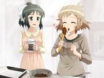  ^_^ antenna_hair artist_name bag baking baking_sheet black_hair blush bowl box brown_hair carrying chocolate closed_eyes clothes_writing collarbone commentary couple hair_ornament hairclip happy heart holding hood hoodie kitchen kohinata_miku licking mixing_bowl multiple_girls open_mouth package paper_bag ribbon senki_zesshou_symphogear short_hair sidelocks spatula standing sweatdrop tachibana_hibiki_(symphogear) tasting twitter_username unyon upper_body yuri 