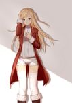  alternate_costume bangs blonde_hair blush boots braid caeruleus cape coat crown_braid fur-trimmed_boots fur-trimmed_coat fur_trim hand_on_own_head highres jewelry long_coat long_hair looking_at_viewer open_clothes open_coat red_coat ribbed_sweater richelieu_(zhan_jian_shao_nyu) ring short_shorts shorts simple_background smile solo standing sweater swept_bangs thighhighs turtleneck wedding_band white_legwear white_shorts zhan_jian_shao_nyu 