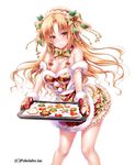  apron bad_id bad_tumblr_id baking_sheet bare_shoulders bell bell_choker blonde_hair blush bow breasts choker christmas christmas_stocking christmas_tree cleavage cookie earrings food gingerbread_man hair_bow hair_ribbon hairband heart heart_earrings hizuki_akira jewelry large_breasts long_hair looking_at_viewer open_mouth original oven_mitts red_eyes ribbon sangoku_infinity simple_background smile snowman solo star white_background 