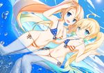  2girls absurdres ahoge albacore_(zhan_jian_shao_nyu) american_flag_bikini archerfish_(zhan_jian_shao_nyu) bikini blonde_hair blue_eyes breasts cleavage day dutch_angle fang flag_print flat_chest front-tie_top highres long_hair looking_at_viewer multiple_girls navel open_mouth partially_submerged ponytail side-tie_bikini sky smile strap_gap swimsuit twintails very_long_hair water xian_(pixiv11964491) zhan_jian_shao_nyu 