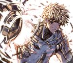  2015 artist_name black_sclera blonde_hair broken_arm cyborg damaged dated earrings empew genos injury jewelry male_focus mechanical_parts one-punch_man shirt solo torn_clothes torn_shirt upper_body yellow_eyes 