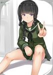  artist_name bangs black_hair blunt_bangs braid hair_over_shoulder isshiki_(ffmania7) kantai_collection kitakami_(kantai_collection) looking_at_viewer panties pantyshot pantyshot_(sitting) pleated_skirt purple_eyes school_uniform serafuku single_braid sitting skirt smile solo twitter_username underwear v white_panties 