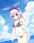  armpits bikini blue_eyes blue_sky blush breasts cloud collarbone condensation_trail day hair_ribbon highres horizon looking_at_viewer medium_breasts midriff navel ocean pink_hair purple_bikini ranger_(zhan_jian_shao_nyu) ribbon siwi sky smile solo swimsuit underboob water waving zhan_jian_shao_nyu 