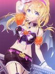  arm_support ayase_eli bat_wings belt blonde_hair blue_eyes breasts detached_sleeves fang fang_out hair_ornament hair_scrunchie halloween hat long_hair looking_at_viewer love_live! love_live!_school_idol_project medium_breasts mini_hat mini_witch_hat navel night night_sky puffy_detached_sleeves puffy_sleeves scrunchie senoo_aoi sky smile solo star_(sky) starry_sky wings witch_hat wrist_cuffs 