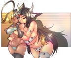  2girls ahoge animal_humanoid bare_shoulders big_breasts bikini black_hair blonde_hair blue_eyes blush bovine breast_fondling breast_grab breasts cat_ears cat_humanoid cleavage clothed clothing cow_humanoid curvy duo elbow_gloves feline female female/female fondling gloves hair hand_on_breast horn horns huge_breasts humanoid kaxlene legwear long_hair mammal multicolored_hair multiple_girls skimpy smile swimsuit tail thigh_highs thighhighs under_clothes very_long_hair yuri 