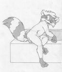  barefoot bathtub caught cub cute_fangs fluffy_tail greyscale looking_away male mammal mitch_(mizzyam) mizzyam monochrome nude open_mouth pencil_(artwork) raccoon sheath sitting solo surprise traditional_media_(artwork) young 