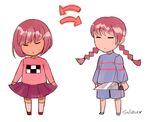  androgynous braid brown_hair closed_eyes cosplay costume_switch frisk_(undertale) frisk_(undertale)_(cosplay) knife madotsuki madotsuki_(cosplay) pink_shirt shirt solsticerose striped striped_shirt trait_connection translated twin_braids undertale yume_nikki 