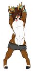  anixis antlers balls blue_eyes blush brown_hair cervine clothing deer fully_sheathed hair hooves horn male mammal navel piercing sheath shirt shorts simple_background solo standing tongue tongue_out undressing white_background 