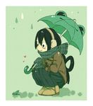  animal animal_themed_umbrella asui_tsuyu black_hair blush_stickers boku_no_hero_academia boots border breasts brown_coat closed_mouth coat diamond_(shape) earmuffs frog full_body green green_background green_umbrella hair_rings heart highres holding holding_umbrella kmkm3 long_hair long_skirt long_sleeves looking_at_another low-tied_long_hair mittens pleated_skirt rain scarf skirt small_breasts squatting umbrella white_border 