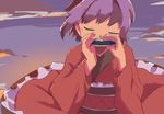  closed_eyes commentary harmonica instrument japanese_clothes kapiten70 kimono purple_hair short_hair sky solo sukuna_shinmyoumaru touhou 