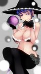  alternate_costume aoshima bare_shoulders black_bra black_gloves black_legwear blob bra breasts bridgeless_bra cleavage commentary_request doremy_sweet dream_soul earrings gloves half-closed_eyes hat highres jewelry lace lace-trimmed_bra large_breasts lips looking_at_viewer midriff navel pantyhose purple_eyes purple_hair smile solo touhou underwear underwear_only witch_hat 