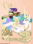  2015 book cutie_mark english_text equine female feral friendship_is_magic fur hair hi_res horn horse magic mammal multicolored_hair my_little_pony poster princess_celestia_(mlp) royalty scroll stinkehund text tired white_fur winged_unicorn wings 