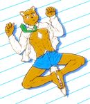  5_fingers anthro blush body_hair boxers_(clothing) bulge button_up_shirt cat clothing feline lying mammal muscular navel necktie nipples pubes torte underwear 