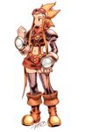  black_legwear cryamore cryamore_condenser esmyrelda_maximus final_fantasy final_fantasy_tactics freckles gloves goggles goggles_on_head midriff navel neckerchief orange_hair parody pauldrons red_eyes robert_porter shorts sidelocks solo spiked_hair style_parody thighhighs white_background 