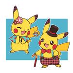  bad_pixiv_id blue_background bow bowtie cane closed_eyes clothed_pokemon gen_1_pokemon gingham hat no_humans open_mouth pikachu pokemon pokemon_(creature) sexual_dimorphism simple_background suspenders top_hat unmoving_pattern white_background zrae 