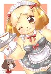 1boy 1girl animal_crossing anthro black_nose blonde_hair brown_hair canine character_request clothing cup digby_(animal_crossing) dog doubutsu_no_mori dress duo female fur furry hair hair_ornament isabelle_(animal_crossing) maid_outfit male mammal nintendo one_eye_closed shizue_(doubutsu_no_mori) short_hair sibling siblings suit uniform unknown_artist video_games white_fur wink yellow_fur 