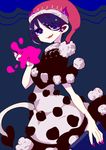  :3 blob blue_background blue_eyes blue_hair book capelet cowboy_shot doremy_sweet dream_soul dress fur_trim grin hat nail_polish ngayope nightcap open_mouth pink_nails pom_pom_(clothes) short_hair smile solo tail tapir_tail touhou 