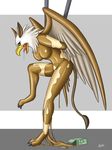  anthro audie-gryph avian breasts claws drooling female garion goo human mammal pussy rubber_suit saliva simple_background solo tongue tongue_out transformation yellow_eyes 