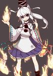  blue_eyes boots feet_out_of_frame fire grey_background hat head_tilt highres japanese_clothes kariginu long_hair looking_at_viewer mononobe_no_futo ngayope pom_pom_(clothes) ponytail skirt smile socks solo tate_eboshi touhou white_hair white_legwear wide_sleeves 
