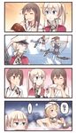  4girls ^_^ aircraft airplane akagi_(kantai_collection) alcohol anchor bismarck_(kantai_collection) blonde_hair blue_eyes bottle bow_(weapon) breasts brown_eyes brown_hair capelet choko_(cup) closed_eyes comic cup curry curry_rice eating floating floating_object flying_sweatdrops food graf_zeppelin_(kantai_collection) hakama hand_up highres holding holding_weapon ido_(teketeke) japanese_clothes kaga_(kantai_collection) kantai_collection large_breasts long_hair multiple_girls muneate one_eye_closed ponytail pouring rice sake short_hair side_ponytail sparkle spoken_ellipsis spoon standing standing_on_liquid steam thighhighs tokkuri towel towel_on_head translated twintails weapon yumi_(bow) 
