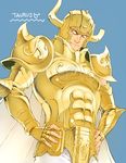  armor blonde_hair blue_background cape gauntlets gloves gold_armor gold_saint green_eyes helmet horns long_hair male_focus nuka_(pixiv959242) saint_seiya simple_background solo taurus_aldebaran unibrow 