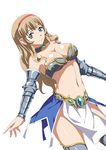  aqua_eyes armor bikini_armor breasts cleavage ikkitousen large_breasts light_brown_hair long_hair looking_at_viewer navel simple_background smile solo sonken_chuubou white_background 