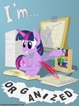  2015 abacus blue_hair book cutie_mark english_text equine feathers female feral friendship_is_magic fur hair hi_res horn horse loose_feather magic mammal my_little_pony paper pink_hair poster purple_fur purple_hair quill stinkehund text twilight_sparkle_(mlp) winged_unicorn wings 