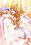  bath green_eyes ikkitousen indoors light_brown_hair long_hair looking_at_viewer naked_towel open_mouth side_ponytail solo sonsaku_hakufu torn_clothes towel white_towel 