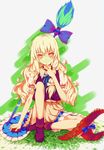  blonde_hair bow broom dead_line hat hat_removed headwear_removed highres kirisame_marisa long_hair looking_at_viewer mini-hakkero red_eyes sitting solo star star-shaped_pupils symbol-shaped_pupils touhou witch_hat 