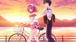  1girl bicycle black_hair ground_vehicle hair_ribbon kimi_no_tonari_de_koishiteru! komatsu_rina open_mouth outdoors purple_eyes red_hair ribbon sekiya_akito short_hair skirt walking_bike water white_ribbon 