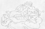  anthro bed blazing_dragons caught dragon duo female feral fire flicker greyscale helmet looking_at_viewer male male/female mizzyam monochrome nude on_bed on_top pencil_(artwork) pillow princess_flame scalie traditional_media_(artwork) 