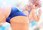  ass ass_focus bent_over breasts cameltoe large_breasts long_hair looking_at_viewer looking_back nipples open_mouth original pink_hair red_eyes riria shiny shiny_skin solo sweat swimsuit thighs trefoil 