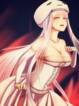  absurdres at2. blush breasts cleavage collarbone elbow_gloves ghast gloves hat highres large_breasts long_hair minecraft mole mole_under_eye parted_lips personification red_eyes solo tears teeth very_long_hair white_gloves white_hair 