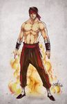  abs black_hair fezat fire grey_background liu_kang male_focus marker_(medium) mixed_media mortal_kombat shirtless solo traditional_media 