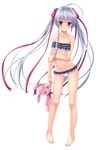  :&lt; absurdres ahoge ass_visible_through_thighs bangs barefoot bikini breasts bunny_hair_ornament collarbone contrapposto frilled_bikini frilled_swimsuit frills frown full_body hair_intakes hair_ornament hair_ribbon highres holding jitome long_hair looking_at_viewer maniwa_shouko natsu_no_iro_no_nostalgia navel red_eyes red_ribbon ribbon silver_hair simple_background small_breasts solo standing stuffed_animal stuffed_bunny stuffed_toy swimsuit twintails very_long_hair white_background yamakaze_ran 