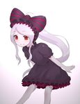  adapted_costume bow disco_brando dress fang fang_out frilled_dress frills gothic_lolita hairband leaning_forward lolita_fashion lolita_hairband long_hair looking_at_viewer no_nose overlord_(maruyama) red_eyes ribbon-trimmed_clothes ribbon_trim shalltear_bloodfallen short_dress silver_hair smile solo vampire very_long_hair 