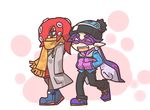  aori_(splatoon) boots denim domino_mask earrings green_eyes hands_in_pockets jeans jewelry long_hair mask mole mole_under_eye multiple_girls octarian octoling open_mouth pants pantyhose pointy_ears red_hair scarf scarf_over_mouth seki_(red_shine) smile splatoon_(series) splatoon_1 tentacle_hair winter_clothes 